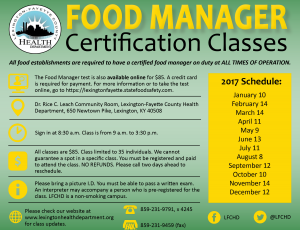 Food Manager Certification Class @ Lexington-Fayette County Health Department (Dr. Rice C. Leach Community Room) | Lexington | Kentucky | United States